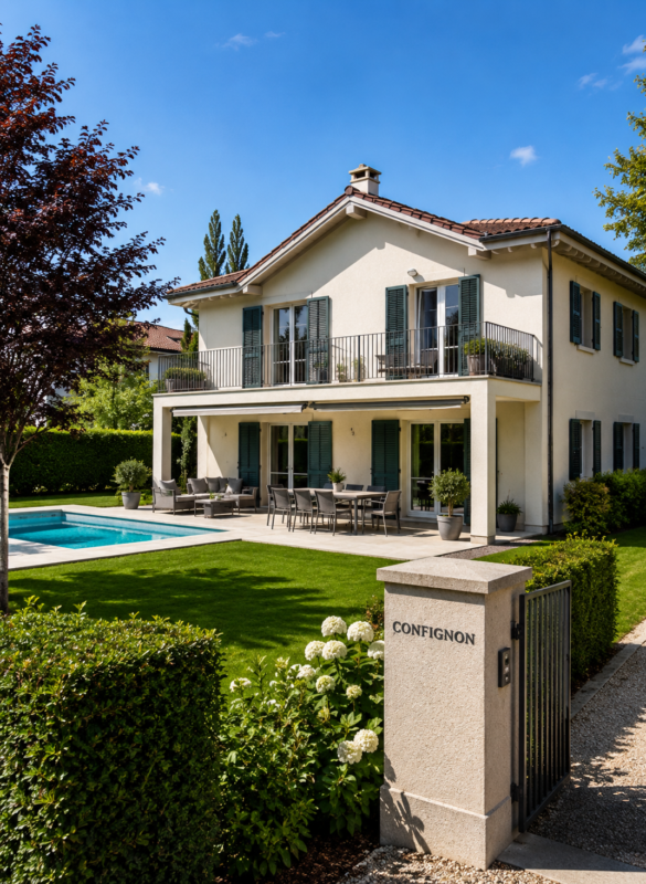 Villa moderne à Confignon – Régie immobilière Progrimm Villa contemporaine avec jardin située à Confignon, dans le canton de Genève, illustrant le marché immobilier résidentiel géré par Progrimm.